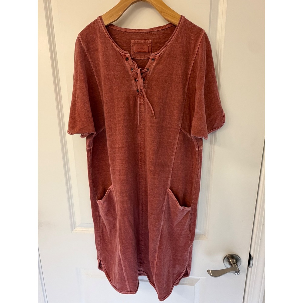 Wrap London Hemp Cotton Lace Up Pocket T-Shirt Dress Red US 8 WE95